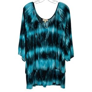 Choices Woman Teal Blue Black Liquid Knit No-Iron Tunic Blouse Plus Size Stretch